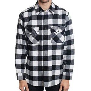 YAGO Men's 5XL Outdoor Long Sleeve Flannel Black White Plaid Button Up Shirt